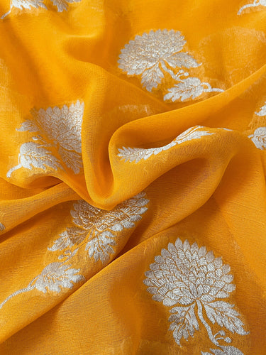 Banarasi Chiffon Saree | Turmeric Yellow with Bright Pink Border | Silver Zari | Handwoven | Ships from California